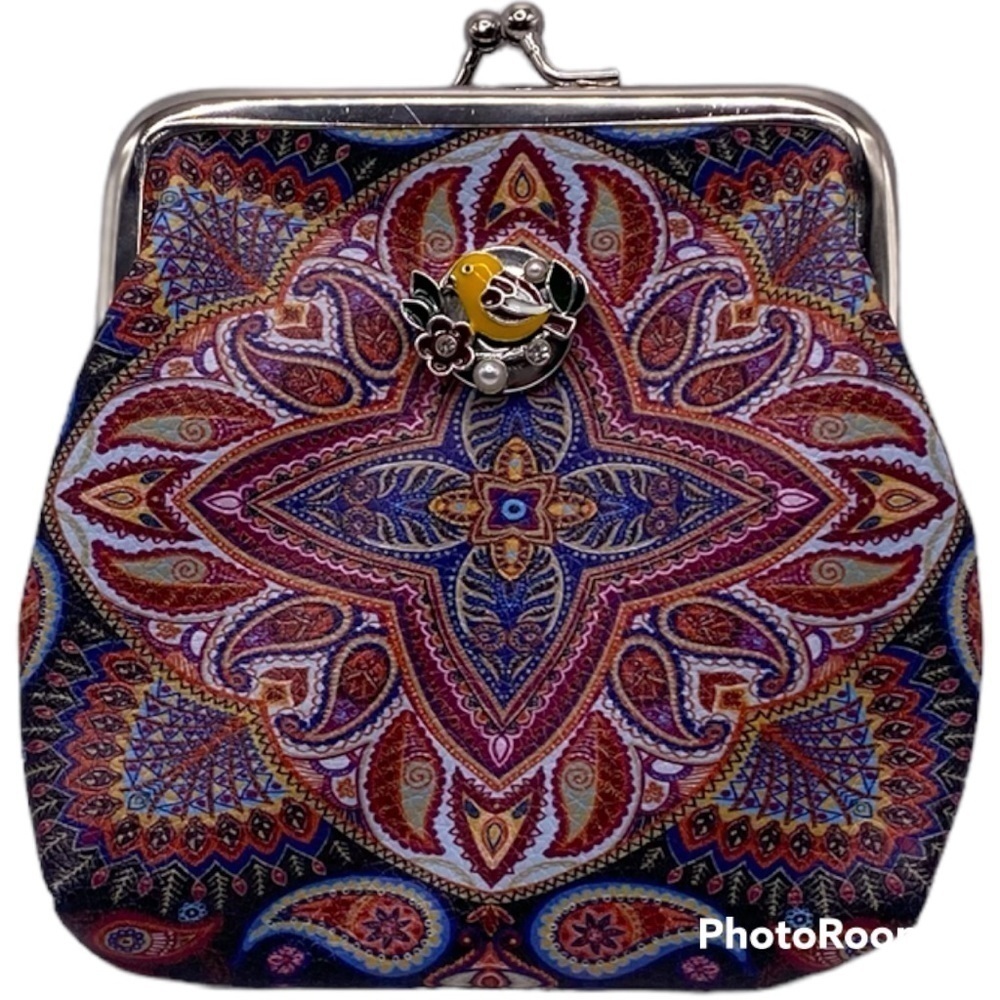 Blue & Red Paisley Snap Jewelry Change Purse w/ Yellow Canary Bird 18mm Snap NWT